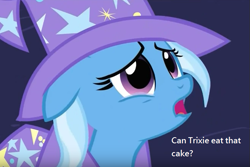 Size: 655x437 | Tagged: safe, derpibooru import, edit, edited screencap, screencap, trixie, pony, unicorn, magic duel, bronybait, cake, cape, caption, clothes, crying, cute, dialogue, female, food, hat, mare, solo, trixie's cape, trixie's hat