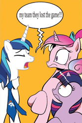 Size: 365x549 | Tagged: safe, princess cadance, shining armor, twilight sparkle, alicorn, pony, unicorn, spoiler:comic, denver broncos, exploitable meme, meme, nfl, screaming armor, super bowl, whining armor