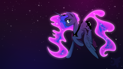 Size: 1920x1080 | Tagged: safe, artist:darkflame75, princess luna, alicorn, pony, flying, looking at you, lunadoodle, night, solo, stars, wallpaper