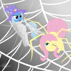 Size: 1280x1280 | Tagged: safe, artist:doodlebug, derpibooru import, fluttershy, trixie, original species, spider, bondage, cocoon, mummification, species swap, spider web, spidershy