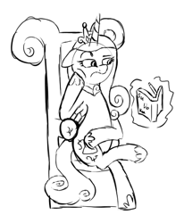 Size: 427x517 | Tagged: safe, artist:aaron amethyst, princess cadance, alicorn, pony, book, monochrome, sitting, solo, sudoku, throne, throne slouch