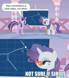 Size: 612x690 | Tagged: safe, derpibooru import, edit, edited screencap, screencap, rarity, twilight sparkle, pony, unicorn, suited for success, astronomy, comic, constellation, duo, glasses, measuring tape, meme, messy mane, pun, rarity's glasses, screencap comic