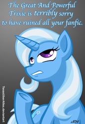 Size: 542x792 | Tagged: safe, artist:texasuberalles, derpibooru import, trixie, pony, unicorn, blue coat, female, hilarious in hindsight, horn, mare, solo, two toned mane