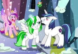 Size: 1280x895 | Tagged: safe, artist:touchofsnow, princess cadance, shining armor, oc, alicorn, pony, unicorn, alicorn oc, blushing, canon x oc, infidelity, mistletoe