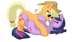 Size: 2261x1334 | Tagged: safe, artist:rustedrabbit, derpibooru import, applejack, twilight sparkle, earth pony, pony, female, happy, hug, imminent kissing, lesbian, on back, shipping, simple background, twijack