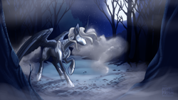 Size: 3265x1837 | Tagged: safe, artist:pixel-prism, princess luna, alicorn, pony, bone mistress, curved horn, death (character), fog, forest, glowing eyes, grim reaper, headcanon, horn, moon, night, psychopomp, skeleton, solo, spread wings, stars, wings