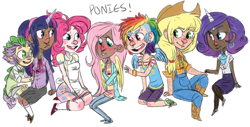 Size: 1230x627 | Tagged: safe, artist:glynn, derpibooru import, applejack, fluttershy, pinkie pie, rainbow dash, rarity, spike, twilight sparkle, apron, bowtie, clothes, horned humanization, humanized, jeans, mane seven, mane six, mary janes, mohawk, overalls, skirt, stockings, sweater, sweatershy, thick eyebrows, tube skirt, winged humanization, wristband