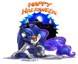 Size: 680x556 | Tagged: dead source, safe, artist:lova-gardelius, pipsqueak, princess luna, alicorn, pony, female, halloween, lunapip, male, phantom of the opera, prone, shipping, smiling, straight, wink