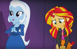 Size: 1006x648 | Tagged: safe, derpibooru import, screencap, sunset shimmer, trixie, equestria girls, rainbow rocks, duo, fall formal outfits, sad