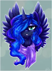 Size: 2299x3101 | Tagged: safe, artist:dimwitdog, princess luna, alicorn, pony, bust, clothes, colored pupils, female, hair over one eye, mare, portrait, profile, scarf, solo