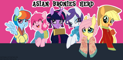 Size: 1652x806 | Tagged: dead source, safe, artist:daeternal, derpibooru import, applejack, fluttershy, pinkie pie, rainbow dash, rarity, twilight sparkle, earth pony, pegasus, pony, unicorn, alternate hairstyle, asia, asian, baro't saya, cheongsam, china, chopsticks in hair, clothes, conical hat, filipino, hanbok, hanfu, hat, japan, kimono (clothing), korea, mane six, philippines, vietnam