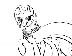 Size: 1280x1003 | Tagged: dead source, safe, artist:raynesgem, derpibooru import, trixie, pony, unicorn, magic duel, alicorn amulet, black and white, cloak, clothes, female, grayscale, mare, monochrome, simple background, smiling, solo, white background