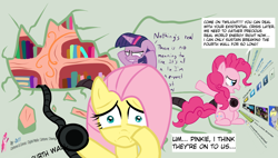 Size: 1364x773 | Tagged: safe, artist:tiarawhy, derpibooru import, fluttershy, pinkie pie, twilight sparkle, earth pony, pegasus, pony, deviantart, fourth wall, fourth wall destruction, looking at you