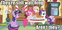 Size: 1920x944 | Tagged: safe, derpibooru import, edit, edited screencap, screencap, fluttershy, pinkie pie, rarity, twilight sparkle, unicorn twilight, earth pony, pegasus, pony, unicorn, ponyville confidential, breaking the fourth wall, female, fourth wall, image macro, looking at you, mare, newspaper, quartet