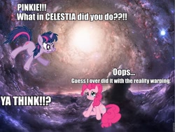 Size: 960x720 | Tagged: safe, derpibooru import, pinkie pie, twilight sparkle, unicorn twilight, earth pony, pony, unicorn, female, fourth wall, mare, reality, reality warp, space, spacetime, wormhole