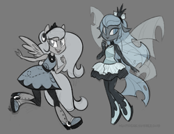 Size: 900x690 | Tagged: safe, artist:egophiliac, princess luna, oc, oc:imogen, changeling, changeling queen, equestria girls, blue changeling, changeling oc, changeling queen oc, clothes, cute, dress, equestria girls-ified, female, filly, monochrome, moonstuck, ponied up, pony ears, sketch, winged humanization, woona