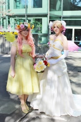 Size: 641x960 | Tagged: artist needed, safe, artist:irinya, fluttershy, princess cadance, human, basket, clothes, cosplay, evening gloves, floral head wreath, irl, irl human, photo, sakura con, sakura con 2013