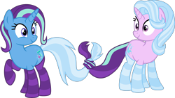 Size: 5618x3162 | Tagged: safe, artist:osipush, derpibooru import, starlight glimmer, trixie, pony, unicorn, absurd resolution, bodypaint, clothes, cutie mark swap, female, mare, mashup, palette swap, raised hoof, recolor, simple background, smiling, socks, striped socks, transparent background, vector