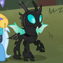 Size: 268x268 | Tagged: safe, derpibooru import, screencap, thorax, trixie, changeling, pony, unicorn, to where and back again, animated, cropped, female, floppy ears, frown, gif, mare, raised hoof, sad, solo focus, spread wings, worried