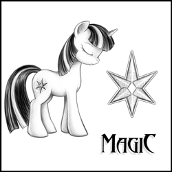 Size: 700x700 | Tagged: safe, artist:rainbow, derpibooru import, twilight sparkle, unicorn twilight, pony, unicorn, g4, eyes closed, female, grayscale, mare, monochrome, raised hoof, simple background, solo, white background