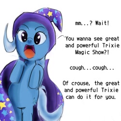 Size: 800x800 | Tagged: safe, artist:mr.candy_owo, derpibooru import, trixie, pony, unicorn, cape, clothes, cute, dialogue, female, hat, looking at you, magic, mare, simple background, solo