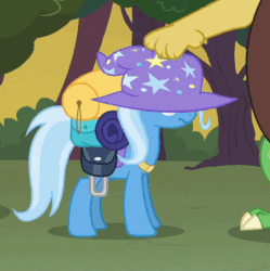 Size: 441x443 | Tagged: safe, derpibooru import, screencap, discord, trixie, pony, unicorn, to where and back again, animated, bag, clothes, female, gif, mare, pat, patting, solo focus, trixie is not amused, trixie's hat, unamused, unhappy