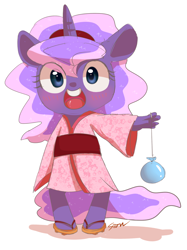 Size: 940x1260 | Tagged: safe, artist:sion, princess luna, anthro, blushing, cute, happy, japan, kimono (clothing), open mouth, sandals, smiling, solo, water balloon