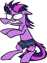 Size: 472x628 | Tagged: safe, artist:ghost, derpibooru import, twilight sparkle, pony, bipedal, clothes, mullet, pants, regular show, simple background, solo, transparent background