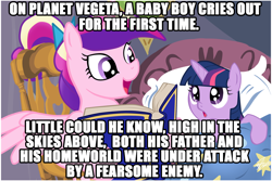 Size: 1024x683 | Tagged: safe, princess cadance, twilight sparkle, unicorn twilight, alicorn, pony, unicorn, bed, bedtime story, blanket, book, bow, cadance's bedtime stories, chair, detailed background, dragon ball, dragon ball z kai, duo, duo female, exploitable meme, female, females only, filly, filly twilight sparkle, hair bow, hoof hold, horn, looking at each other, looking up, meme, multicolored mane, open mouth, pillow, pink coat, pink wings, purple coat, purple eyes, sitting, smiling, spread wings, storybook, text, tucking in, vegeta, wings, younger