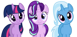 Size: 1109x538 | Tagged: safe, derpibooru import, starlight glimmer, trixie, twilight sparkle, twilight sparkle (alicorn), alicorn, pony, unicorn, c:, cute, diatrixes, female, glimmerbetes, head tilt, looking at you, mare, simple background, smiling, twiabetes, vector, white background