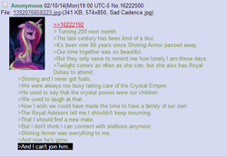 Size: 536x371 | Tagged: safe, princess cadance, alicorn, pony, /mlp/, 4chan, feels, greentext, hilarious in hindsight, immortality blues, sad, text, where are they now