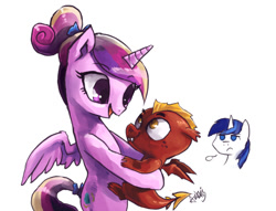 Size: 700x534 | Tagged: safe, artist:audrarius, garble, princess cadance, shining armor, alicorn, dragon, pony, unicorn, baby dragon, baby garble, cute, female, gardorable, male, teen princess cadance, teen shining armor