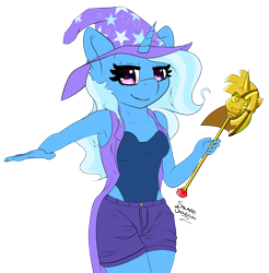 Size: 2321x2357 | Tagged: safe, artist:salamishowdown, derpibooru import, trixie, anthro, armpits, clothes, leotard, scepter, shorts, simple background, solo, transparent background, twilight scepter