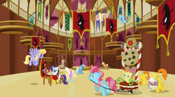 Size: 851x469 | Tagged: safe, derpibooru import, screencap, applejack, carrot cake, cloud kicker, cup cake, fluttershy, mayor mare, pumpkin cake, rainbow dash, rarity, trixie, earth pony, pegasus, pony, unicorn, magic duel, apron, baby pony, banner, cage, cruel, dictatorship, enslaved, father and child, father and daughter, female, filly, foal, forced, hoof in mouth, husband and wife, male, mare, miserable, mother and child, mother and daughter, mouth hold, parent and child, ponyville town hall, pulling, pushing, raised eyebrow, sin of greed, sin of pride, stallion, throne, town hall