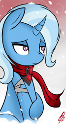 Size: 750x1400 | Tagged: safe, artist:ppdraw, derpibooru import, trixie, pony, unicorn, magic duel, alicorn amulet, bandage, cut, female, mare, snow, snowfall, solo