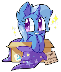 Size: 1065x1265 | Tagged: safe, artist:cloureed, derpibooru import, trixie, pony, adorable face, box, cape, cardboard box, chest fluff, chibi, clothes, cute, cutie mark, diatrixes, ear fluff, fluffy, grin, hat, heart, homeless, pony in a box, sign, simple background, smiling, solo, sparkles, starry eyes, transparent background, trixie's cape, trixie's hat, wingding eyes