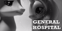 Size: 1363x696 | Tagged: safe, screencap, princess cadance, shining armor, alicorn, pony, unicorn, black and white, brushable, frozen, general hospital, grayscale, soap opera, toy