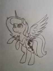 Size: 667x889 | Tagged: safe, artist:breadcipher, princess luna, alicorn, pony, bipedal, cute, filly, lunadoodle, monochrome, pencil drawing, s1 luna, sketch, smiling, solo, spread wings, traditional art, woona