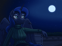 Size: 1440x1080 | Tagged: safe, artist:firefoxproject, princess luna, anthro, bench, clothes, moon, solo, sweater