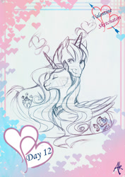 Size: 800x1132 | Tagged: safe, artist:aokagi, princess cadance, shining armor, alicorn, pony, unicorn, eyes closed, heart, traditional art, valentine