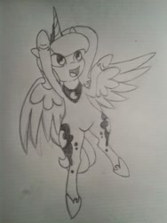Size: 667x889 | Tagged: safe, artist:breadcipher, princess luna, alicorn, pony, cute, filly, flying, happy, lunadoodle, monochrome, pencil drawing, s1 luna, sketch, solo, traditional art, woona