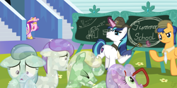 Size: 1800x900 | Tagged: safe, artist:facelessjr, flash sentry, princess cadance, shining armor, alicorn, crystal pony, pony, unicorn, campaign hat, chalk, chalkboard, colt, facehoof, fake screencap, filly, glasses, necktie, riding crop, this will end in tears