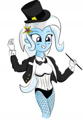 Size: 1024x1531 | Tagged: safe, artist:scootaluu, derpibooru import, trixie, equestria girls, bowtie, clothes, corset, deviantart watermark, fishnet stockings, hat, leotard, magician outfit, obtrusive watermark, solo, top hat, watermark