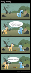 Size: 1330x3143 | Tagged: safe, artist:agrol, derpibooru import, igneous rock pie, trixie, magic duel, bits, comic, dialogue, engrish, money, pickaxe, rock, rock farm