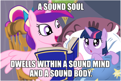 Size: 1024x683 | Tagged: safe, princess cadance, twilight sparkle, unicorn twilight, alicorn, pony, unicorn, bed, bedtime, bedtime story, blanket, book, bow, cadance's bedtime stories, chair, detailed background, duo, duo female, exploitable meme, female, females only, filly, filly twilight sparkle, hair bow, hoof hold, horn, looking at each other, looking up, meme, multicolored mane, open mouth, pillow, pink coat, pink wings, purple coat, purple eyes, reading, sitting, smiling, soul eater, spread wings, storybook, text, wings, younger