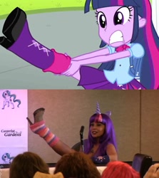 Size: 790x884 | Tagged: safe, twilight sparkle, human, equestria girls, equestria girls (movie), canterlot gardens, comparison, cosplay, irl, irl human, photo, tara strong