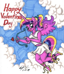 Size: 1280x1481 | Tagged: safe, artist:newyorkx3, princess cadance, anthro, plantigrade anthro, arrow, belly button, bow (weapon), bow and arrow, clothes, cloud, cloudy, cupid, midriff, skirt, solo, toga, traditional art, valentine's day