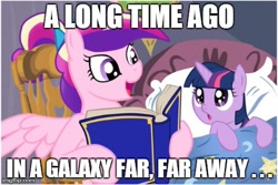 Size: 480x320 | Tagged: safe, princess cadance, twilight sparkle, unicorn twilight, alicorn, pony, unicorn, bed, bedtime story, blanket, book, bow, cadance's bedtime stories, chair, detailed background, duo, duo female, exploitable meme, female, females only, filly, filly twilight sparkle, hair bow, hoof hold, horn, image macro, looking at each other, looking up, meme, multicolored mane, open mouth, pillow, pink coat, pink wings, purple coat, purple eyes, reading, sitting, smiling, song in the comments, spread wings, star wars, storybook, text, weird al thread, wings, younger