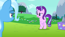 Size: 1920x1080 | Tagged: safe, derpibooru import, screencap, starlight glimmer, trixie, pony, no second prances, box, chest, cloud, flower, meadow, mountain, scenery, stars, tree