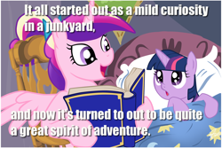 Size: 1024x683 | Tagged: safe, princess cadance, twilight sparkle, unicorn twilight, alicorn, pony, unicorn, bed, bedtime story, blanket, book, bow, cadance's bedtime stories, chair, detailed background, doctor who, duo, duo female, exploitable meme, female, females only, filly, filly twilight sparkle, first doctor, hair bow, hoof hold, horn, looking at each other, looking up, meme, multicolored mane, open mouth, pillow, pink coat, pink wings, purple coat, purple eyes, sitting, smiling, spread wings, text, the sensorites, wings, younger